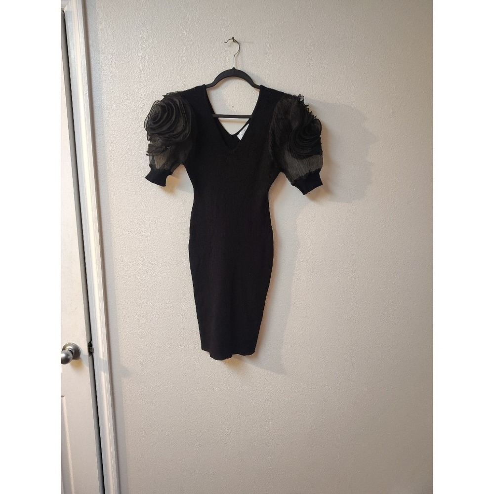 Perfectly Priscilla Black Ribbed Bodycon Dress 3D Rosette Mesh Puff Sleeve 2XL